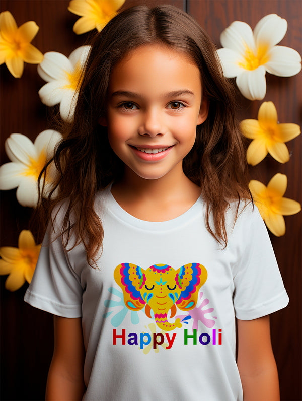 Happy Holi Tshirt | Ethnic Elephant Face With Vibrant Colors| Unisex T-Shirt for Girls | Boys | Half Sleeve T-Shirt