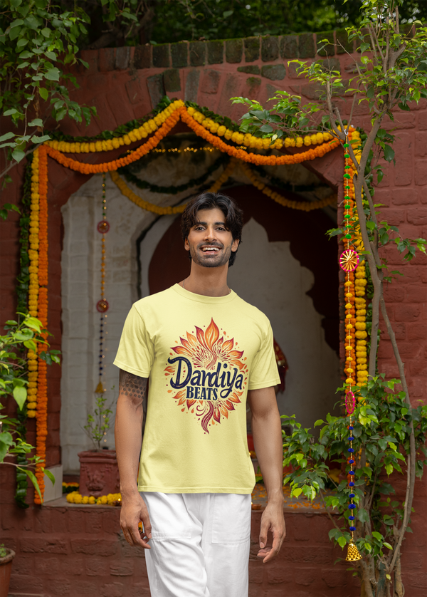 Pirntspourtoi | Dandiya Beats | Navratri Traditional T-Shirt |  Happy Durga Puja Navratri Special Printed T-Shirt | Casual Round Neck